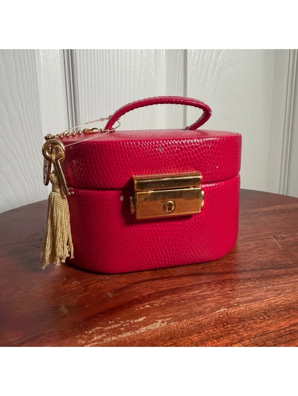 Vintage 90s WOLF Designs Genuine Leather Mini Jewelry Box Pink Gold Tassel